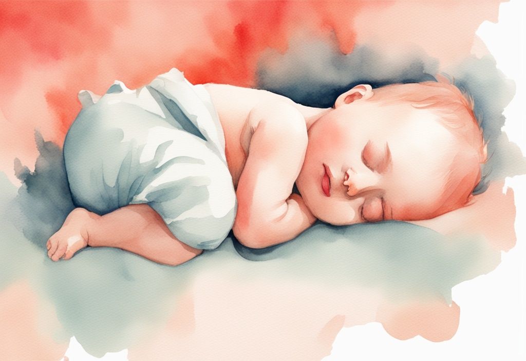 Modern watercolor illustration of a baby sleeping in a "butt in the air" position, side view, highlighting the theme "why does my baby sleep with his butt in the air" with coral colors.