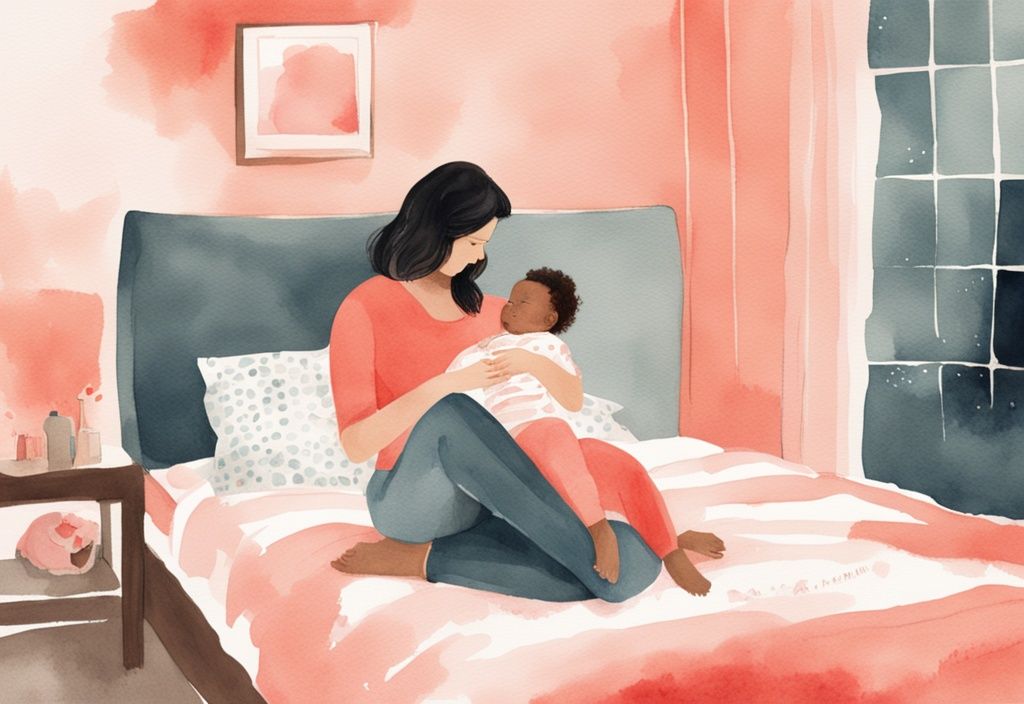 Modern watercolor illustration of a mother calming her overtired baby in a dimly-lit cozy room with coral color theme.