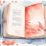 Modern watercolor illustration featuring an open baby book with a pen on a table, showcasing a personal message for a baby shower, ideal for ideas on what to write in a baby book for a shower.