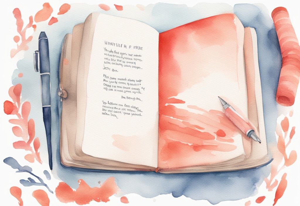 Modern watercolor illustration featuring an open baby book with a pen on a table, showcasing a personal message for a baby shower, ideal for ideas on what to write in a baby book for a shower.