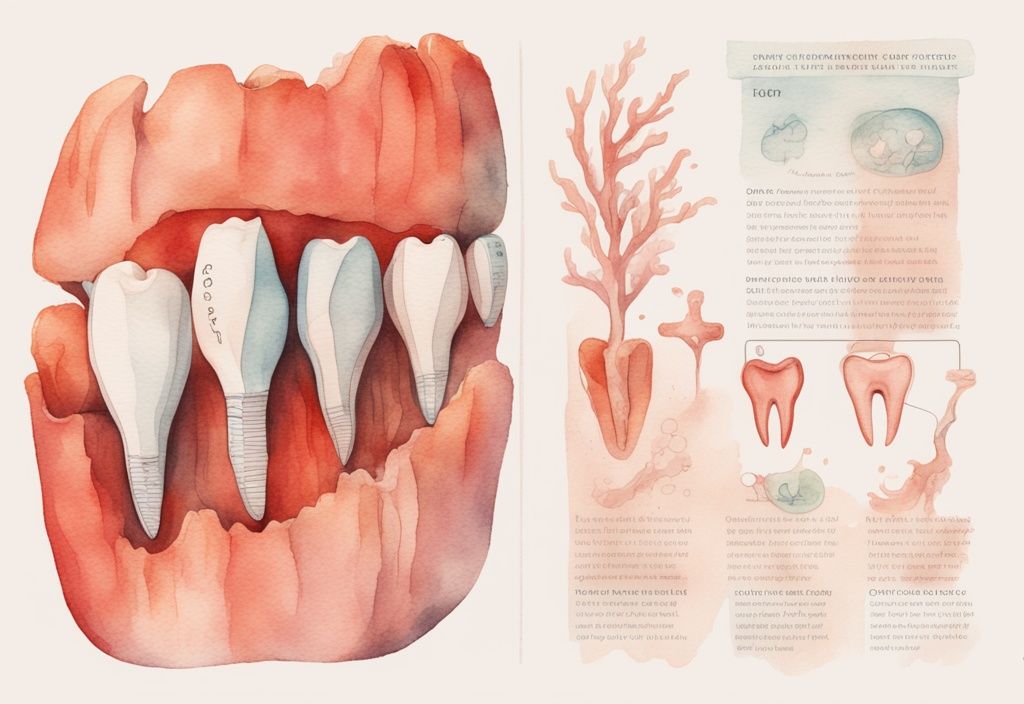 Modern watercolor illustration of a hand holding a baby tooth with roots, accompanied by a schematic diagram of baby teeth with and without roots, coral color theme.