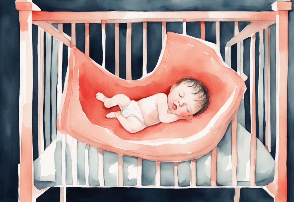 Modern watercolor illustration of a baby wakes up when put down in a crib, showcasing a coral color theme.