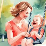 Modern watercolor illustration of a mother placing her laughing baby into a swing at a sunny park, capturing the joyful moment and answering the question, "when can I put my baby in a swing at the park?" with a coral color theme.