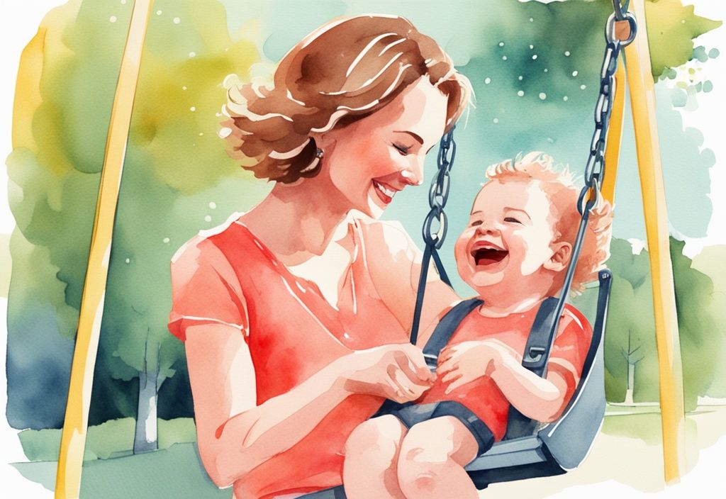 Modern watercolor illustration of a mother placing her laughing baby into a swing at a sunny park, capturing the joyful moment and answering the question, "when can I put my baby in a swing at the park?" with a coral color theme.