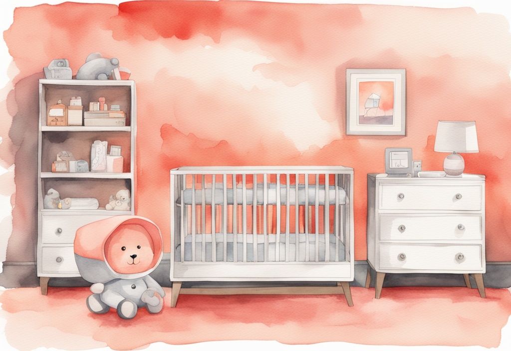 Modern nursery room watercolor illustration with coral theme, featuring a baby monitor on a shelf overlooking the crib.