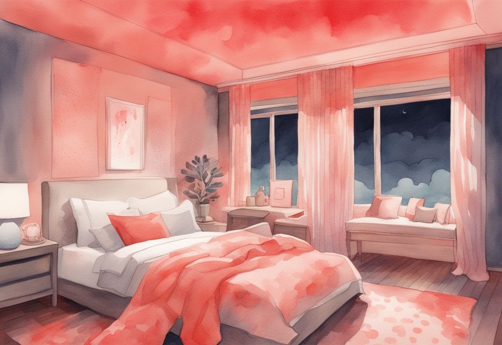 Modern watercolor illustration of a tranquil bedroom with a baby sleeping under soft coral red light.