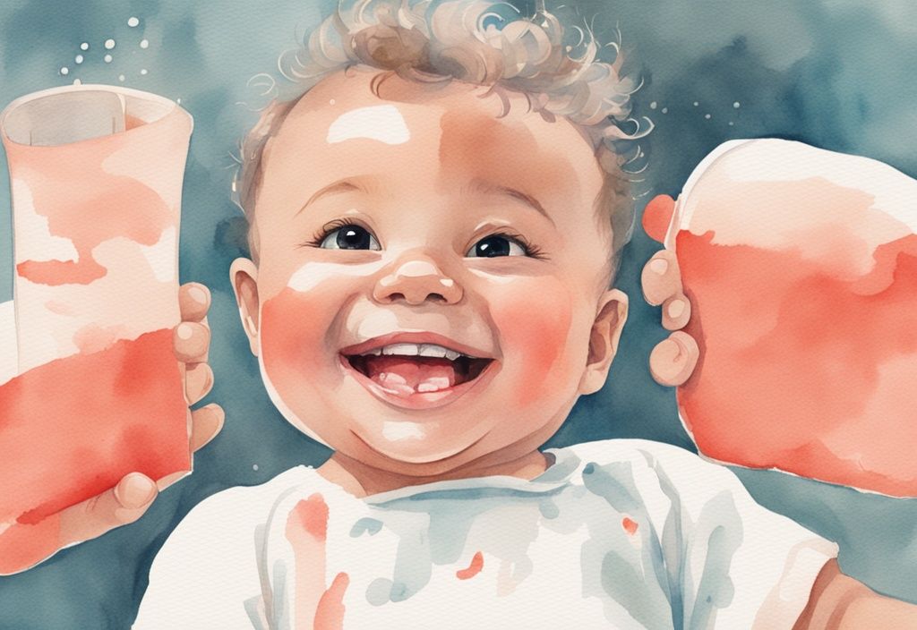 Modern watercolor illustration of a smiling baby with coral theme, showcasing milk teeth and noticeable gap.