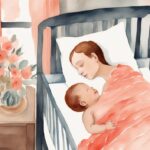 Modern watercolor illustration of a parent gently placing a sleeping baby into a softly lit crib, demonstrating how to put baby down without waking.