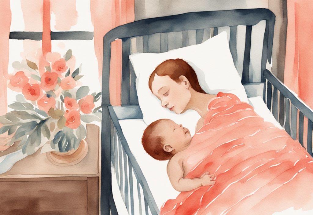 Modern watercolor illustration of a parent gently placing a sleeping baby into a softly lit crib, demonstrating how to put baby down without waking.