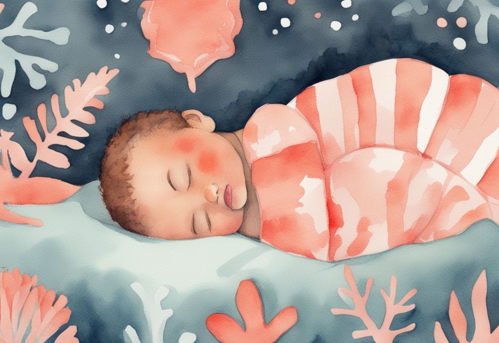 Modern watercolor illustration of a baby sleeping peacefully with a coral-themed color palette and a plush lovey nearby.