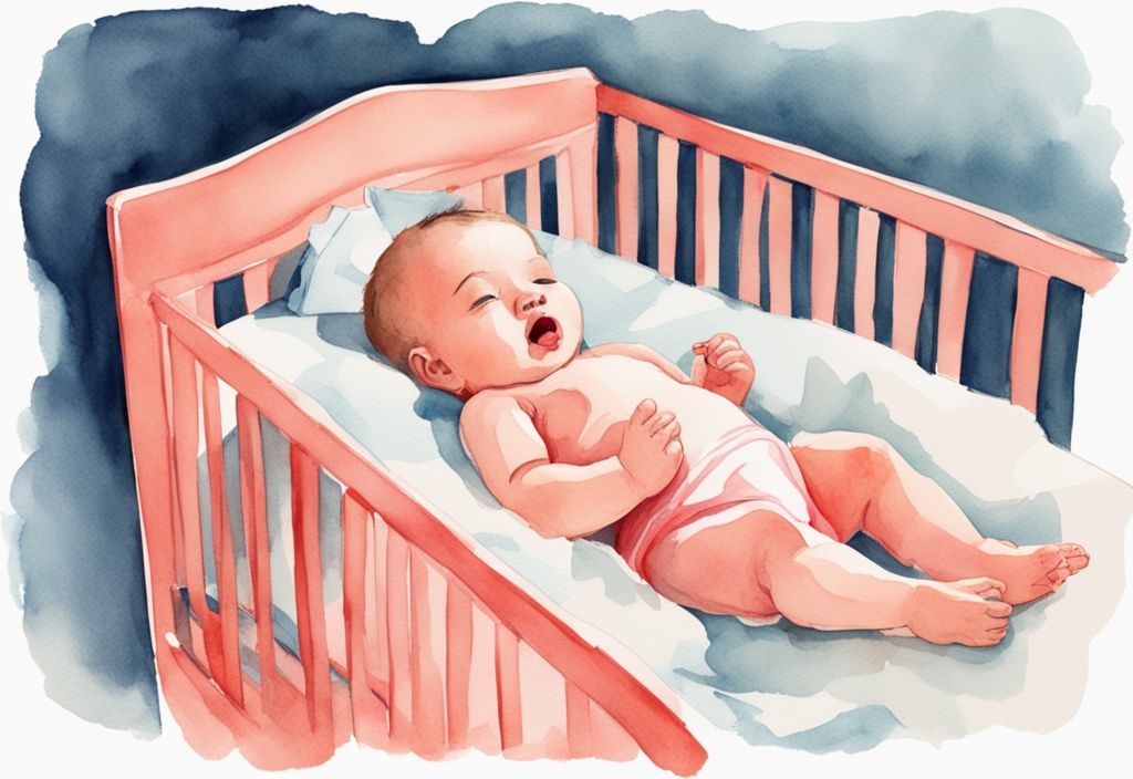 Modern watercolor illustration of a baby waking up in a crib as a pacifier falls out, featuring a coral color theme; keyword: baby wakes up when pacifier falls out.