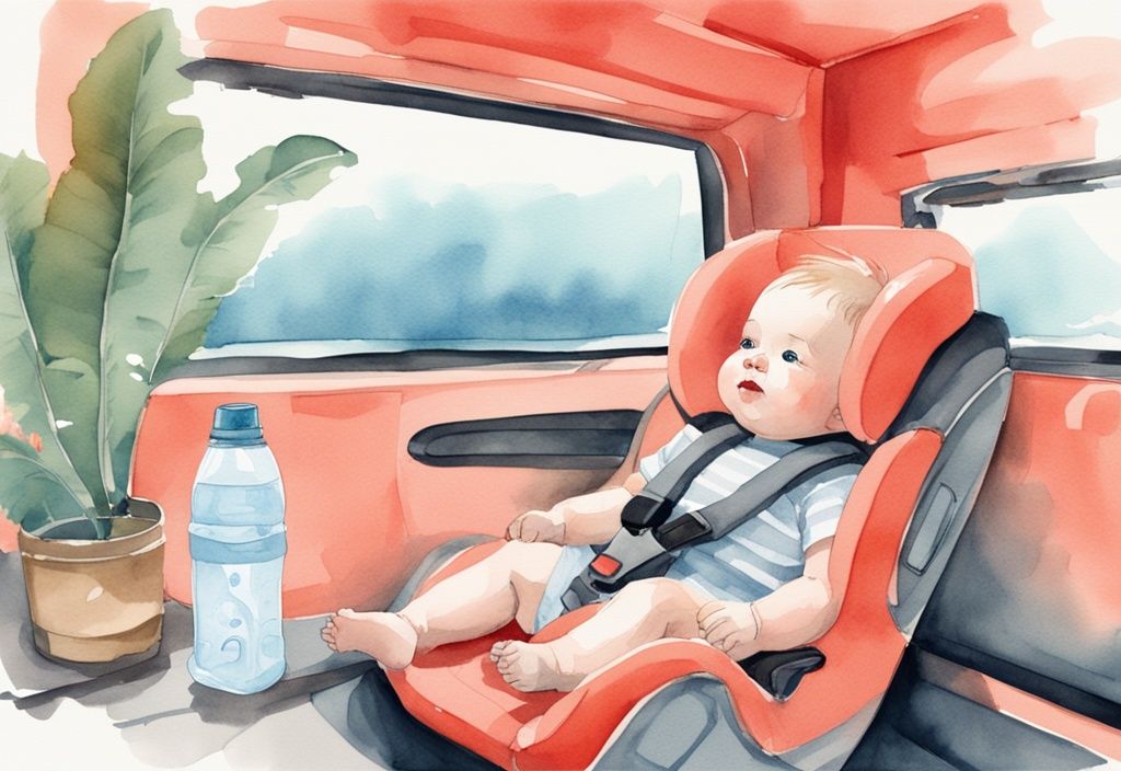 Modern watercolor illustration of how to keep baby cool in car seat, featuring a coral-themed scene with a baby in a car seat, portable fan, sun shade, and bottle of cool water.