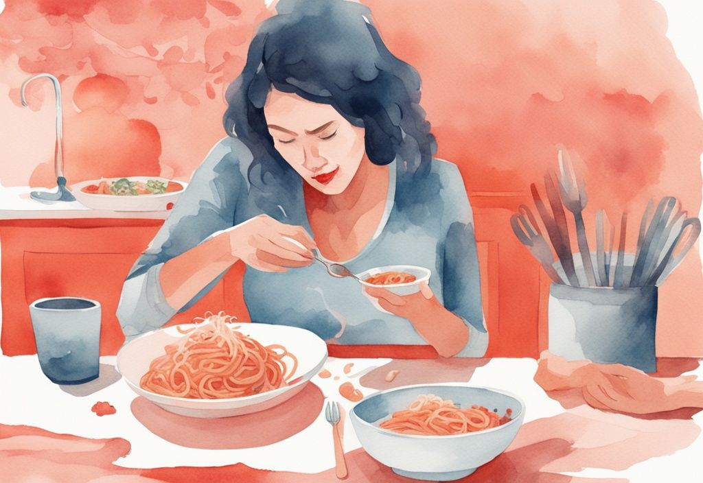 Modern watercolor illustration of a mother feeding her baby spaghetti with a small spoon, showcasing how to serve spaghetti to baby, with a coral color theme and a bowl of spaghetti nearby.