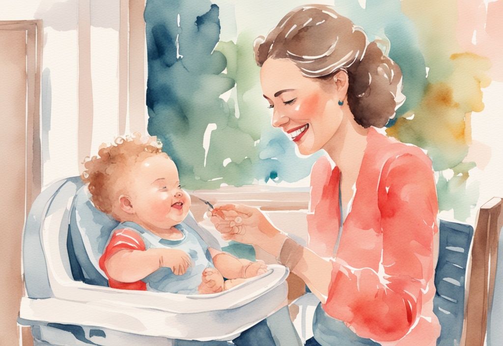 Modern watercolor illustration of a mother encouraging her baby in a high chair to say 'mama' for the first time, highlighting the theme of how to get baby to say mama, with a coral color palette.