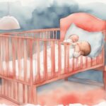 Modern watercolor illustration of a baby sleeping in a crib with a humidifier placed at a safe distance, showcasing how far should a humidifier be from baby; coral color theme.