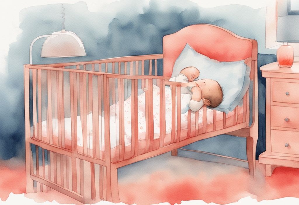 Modern watercolor illustration of a baby sleeping in a crib with a humidifier placed at a safe distance, showcasing how far should a humidifier be from baby; coral color theme.