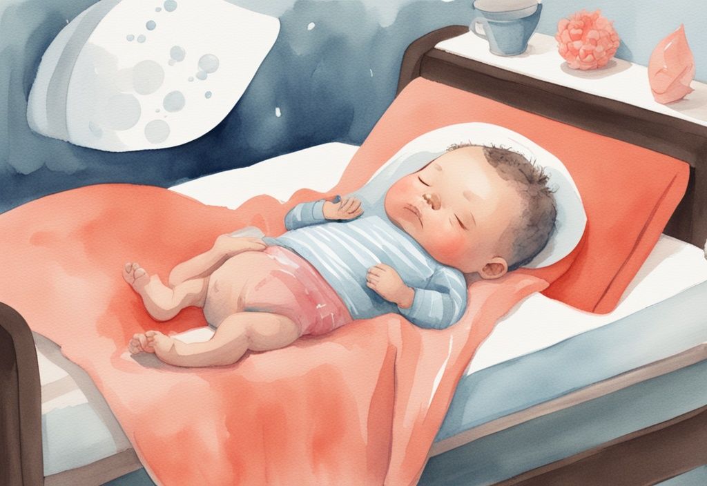 Modern watercolor illustration of a sleep-deprived parent using a baby-care guidebook, with a coral color theme and a cartoon bubble showing a baby sleeping with a dirty diaper.