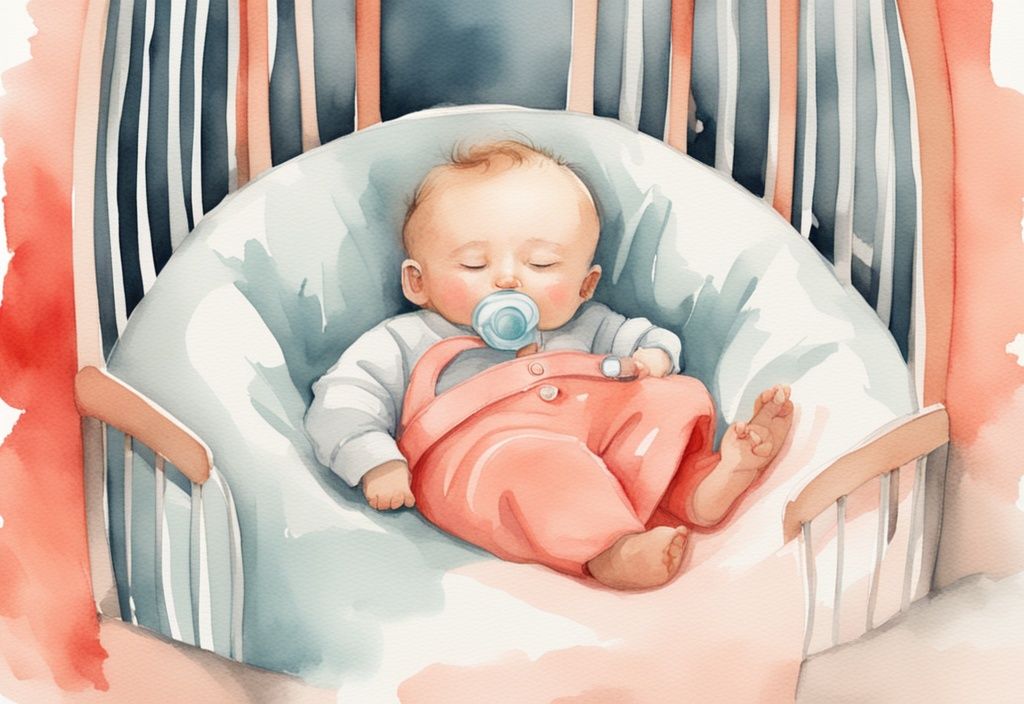 Modern watercolor illustration of a sleeping baby with pacifier in coral-themed crib.