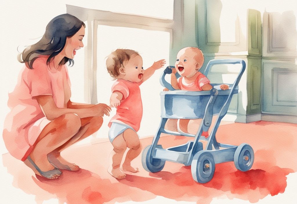 Modern watercolor illustration of a baby taking first steps with toy walker, watched by proud parents, coral color theme.