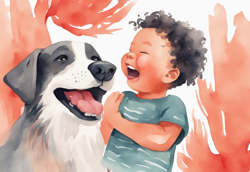 Modern watercolor illustration of a happy baby laughing with a curious dog and a parent gently pulling the dog away, coral color theme.