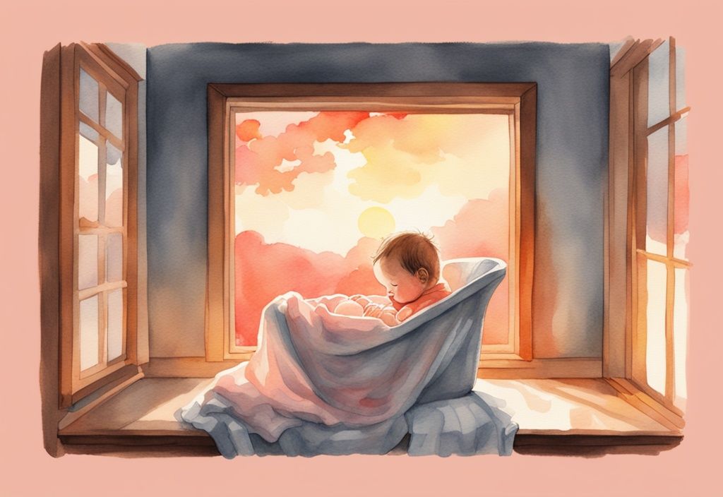 Modern watercolor illustration of a sunrise baby in coral tones, depicting a newborn wrapped in blankets in a cot with golden sunrise light streaming through a window.