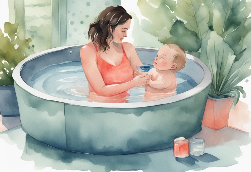 Modern watercolor illustration of a mother testing hot tub water with a floating thermometer, coral theme, baby watching eagerly.