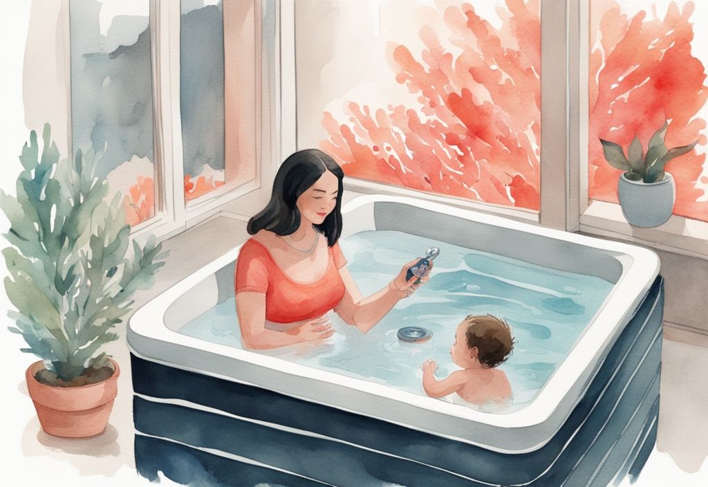 Modern watercolor illustration of a mother testing baby-friendly hot tub water with a floating thermometer, coral theme.