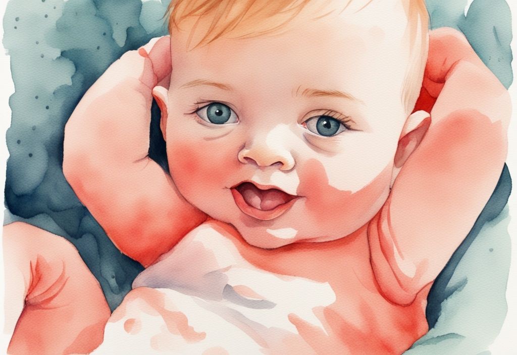 Modern watercolor illustration of a baby rubbing ear and side of head, sitting on a plush mat with a curious expression, in a coral color theme.