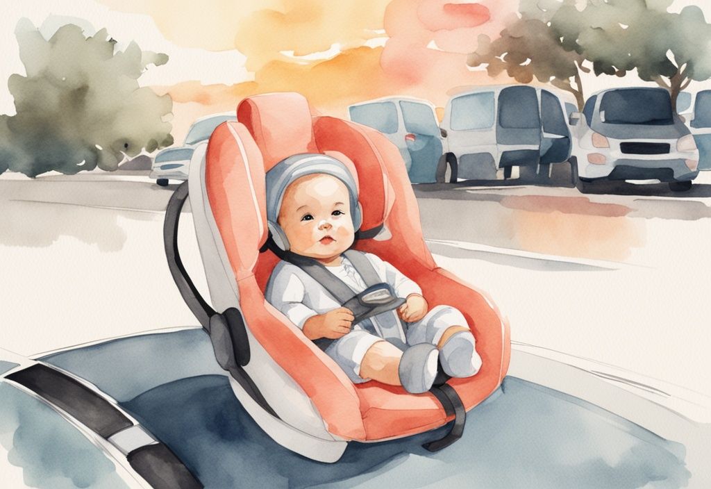 Modern watercolor illustration of a baby in a car seat with a portable fan and sun shades, coral color theme.