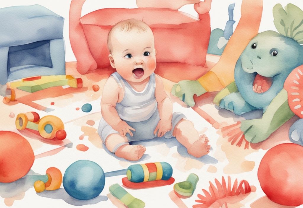 Modern watercolor illustration of a frustrated baby on a play mat in coral theme, pushing away from tummy time, surrounded by colorful baby toys.