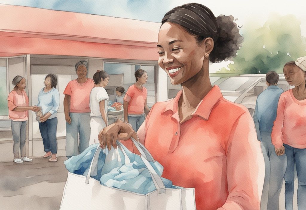 Modern watercolor illustration of a woman donating baby clothes to a mother in need at a community donation center, highlighting where can I donate baby clothes for mothers in need.