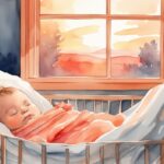 Modern watercolor illustration of a newborn baby in a cot with coral theme, illuminated by a sunrise glow, depicting the concept of what is a sunrise baby.