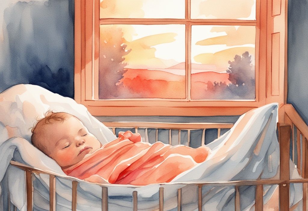 Modern watercolor illustration of a newborn baby in a cot with coral theme, illuminated by a sunrise glow, depicting the concept of what is a sunrise baby.