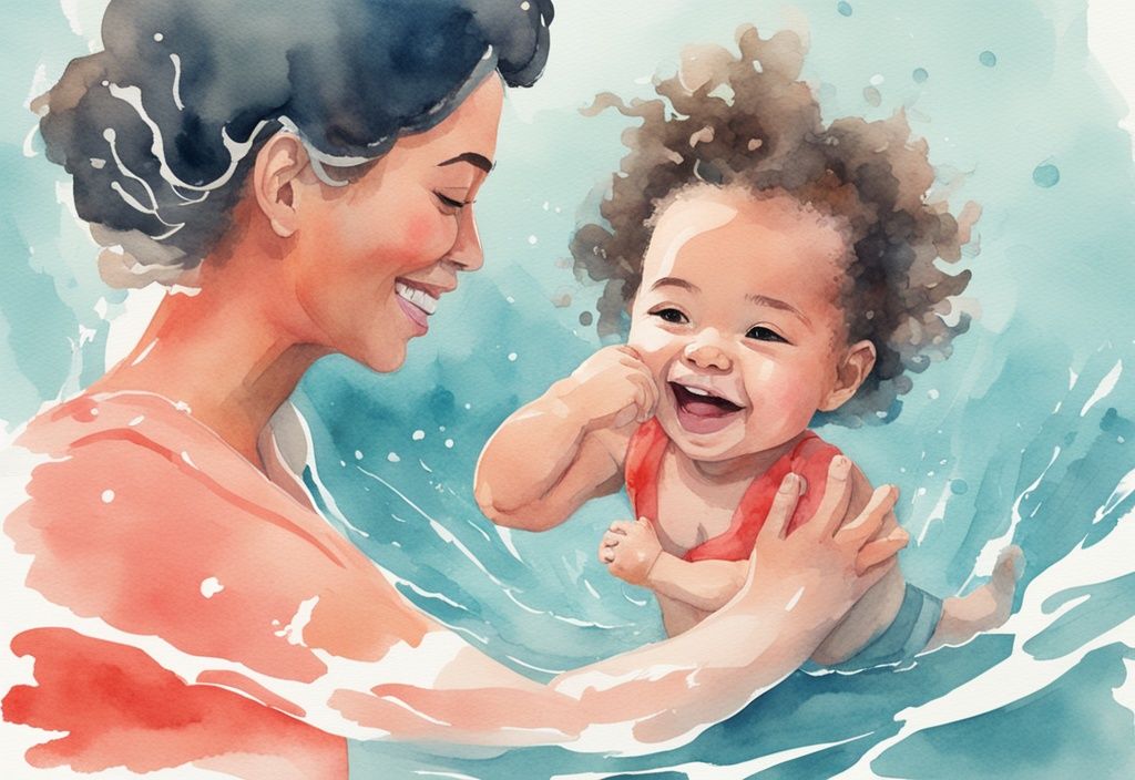 Modern watercolor illustration of a parent supporting a joyful baby in a coral-themed swimming pool.