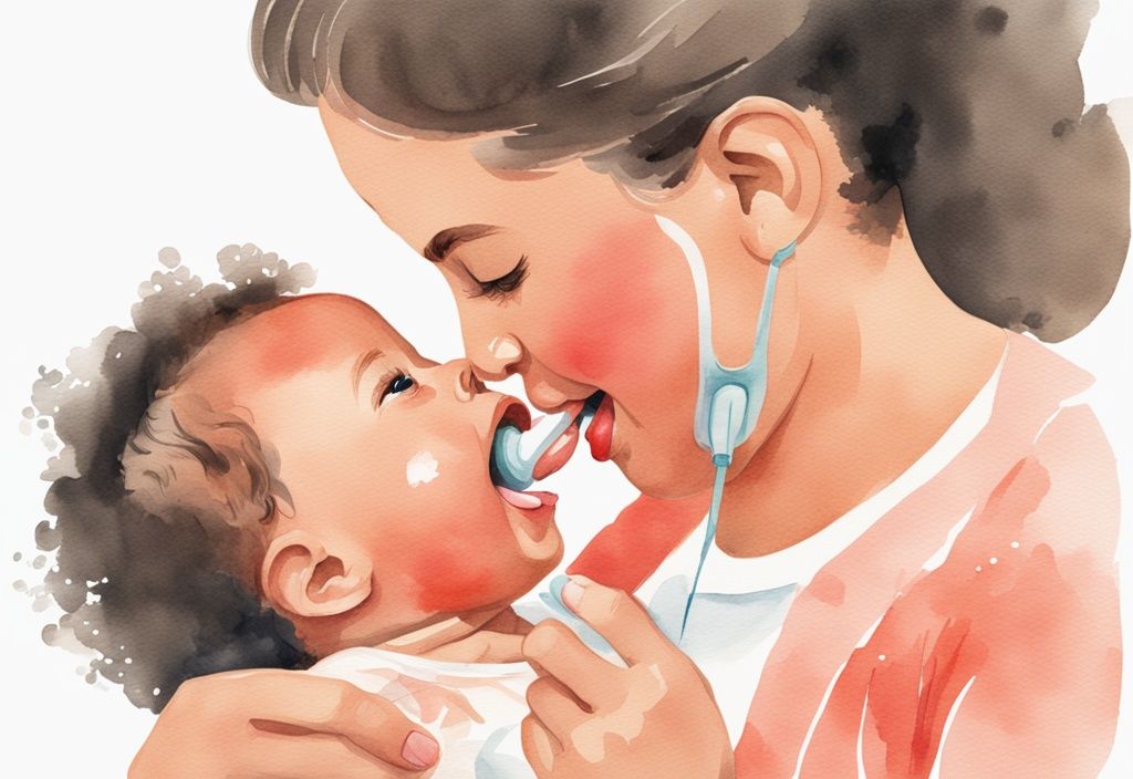 Modern watercolor illustration of a gentle hand using a soft baby tongue cleaner on an infant's open mouth, main color theme coral.