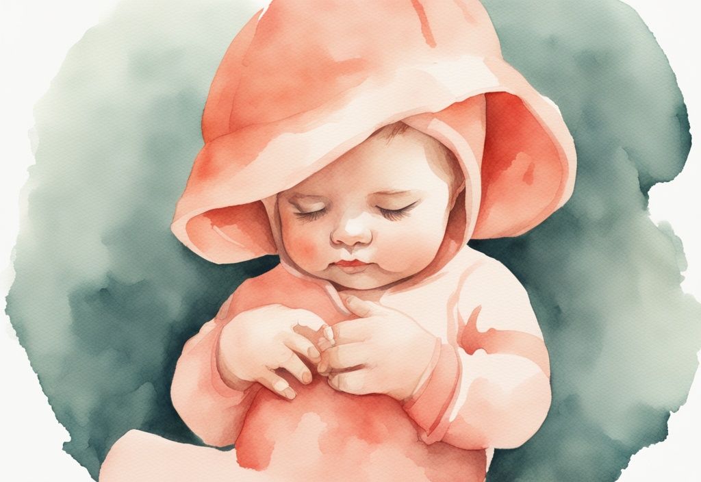 Modern watercolor illustration of hands shaping a baby bonnet, symbolizing how to shape baby head with hands, with a coral color theme.