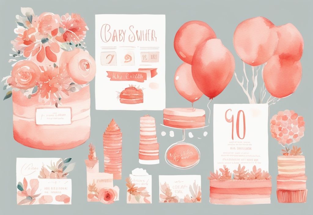 Modern watercolor illustration of coral-themed baby shower elements including invitations, decorations, gifts, and a cake, each with price tags.