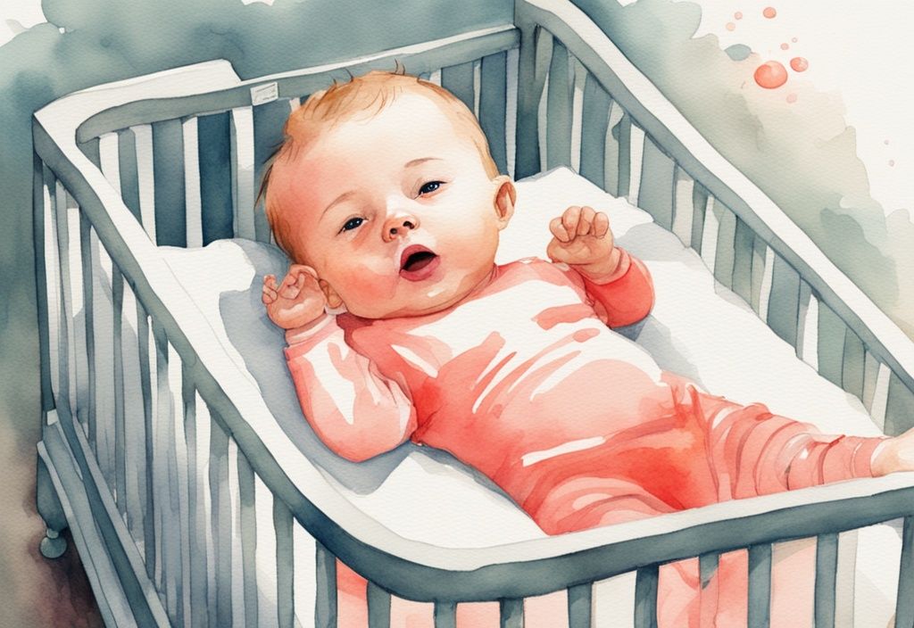 Modern watercolor illustration of a baby waking up in a crib as a pacifier falls out, featuring a coral color theme, highlighting the moment when the baby wakes up when pacifier falls out.