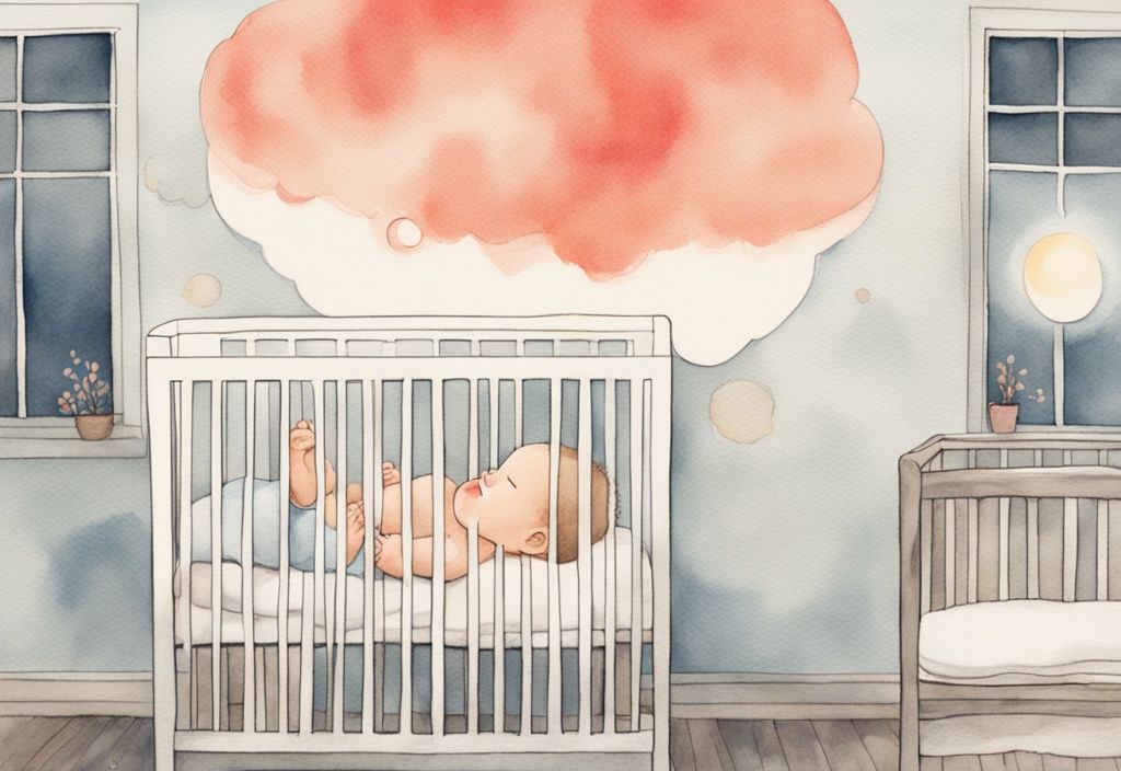 Modern watercolor illustration of a baby in a coral-themed crib, parent's hand gently rocking, with lullaby in a cloud-shaped bubble above.