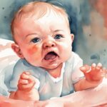 Modern watercolor illustration of an agitated baby during a diaper change, highlighting discomfort and expressions of dislike, addressing the question: why does my baby hate diaper changes.