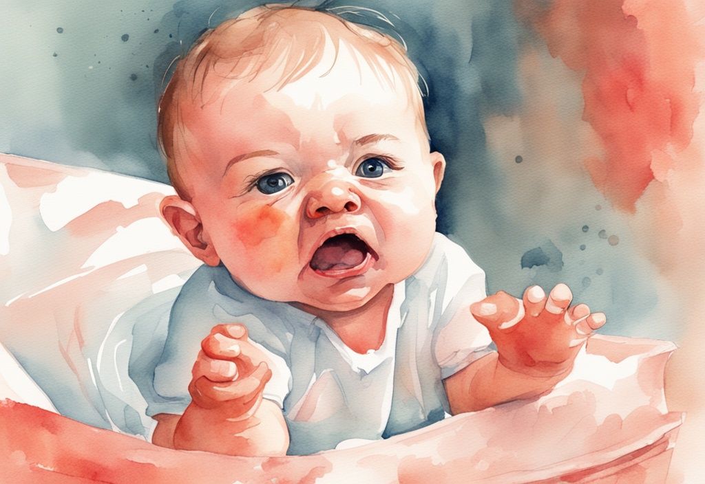 Modern watercolor illustration of an agitated baby during a diaper change, highlighting discomfort and expressions of dislike, addressing the question: why does my baby hate diaper changes.