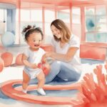 Modern watercolor illustration of a curious baby joyfully playing in an activity center, supervised by a smiling parent, exploring when can my baby use activity center.