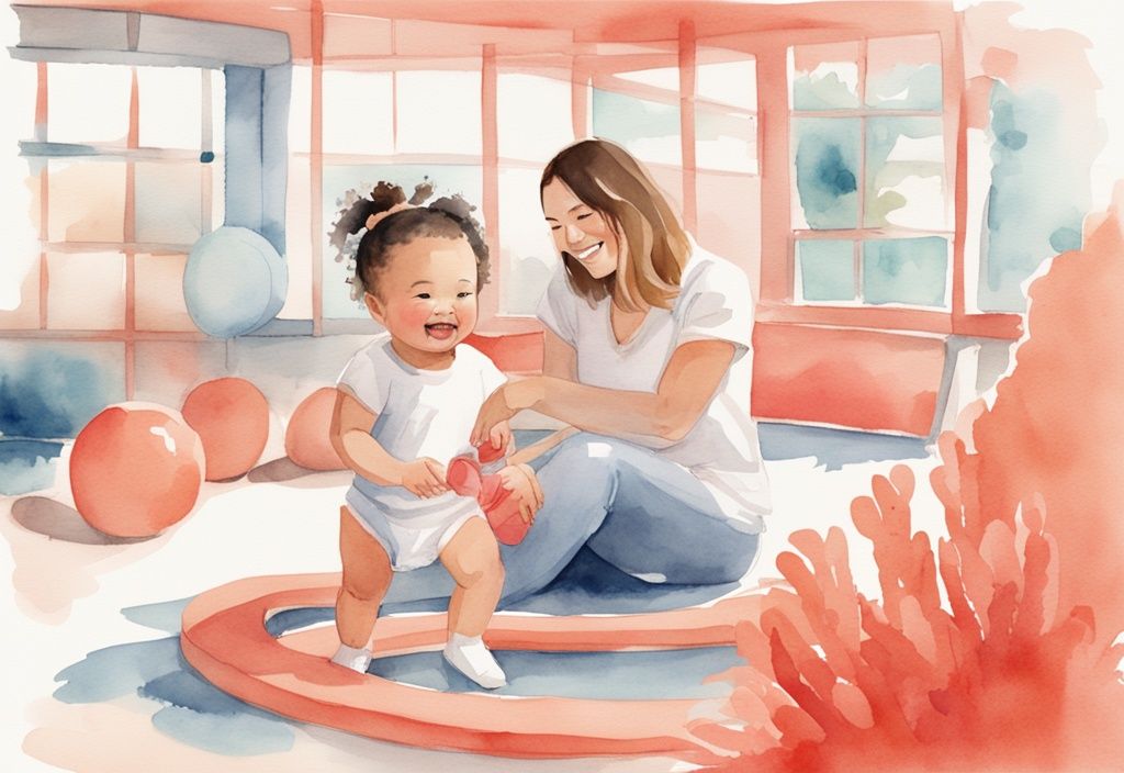 Modern watercolor illustration of a curious baby joyfully playing in an activity center, supervised by a smiling parent, exploring when can my baby use activity center.