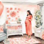 Modern watercolor illustration of a happy pregnant woman in a stylish outfit, showcasing what to wear to a baby shower, standing in a tastefully decorated room with baby shower decorations.