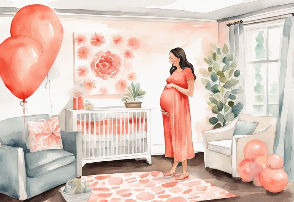 Modern watercolor illustration of a happy pregnant woman in a stylish outfit, showcasing what to wear to a baby shower, standing in a tastefully decorated room with baby shower decorations.