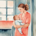 Modern watercolor illustration of a worried young mother holding a rigid baby in a pediatrician's office, depicting the concern: why is my baby so stiff.