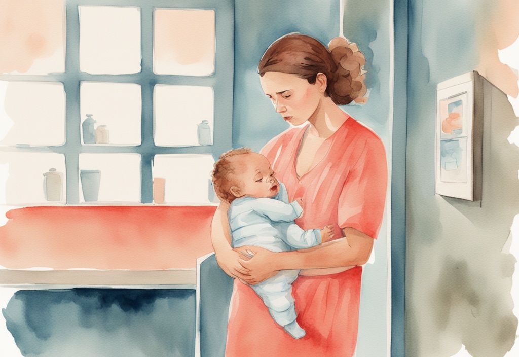 Modern watercolor illustration of a worried young mother holding a rigid baby in a pediatrician's office, depicting the concern: why is my baby so stiff.