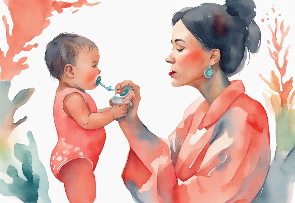 Modern watercolor illustration of an exasperated mother with coral theme, offering a colorful pacifier to her baby, visible teeth marks on shoulder.