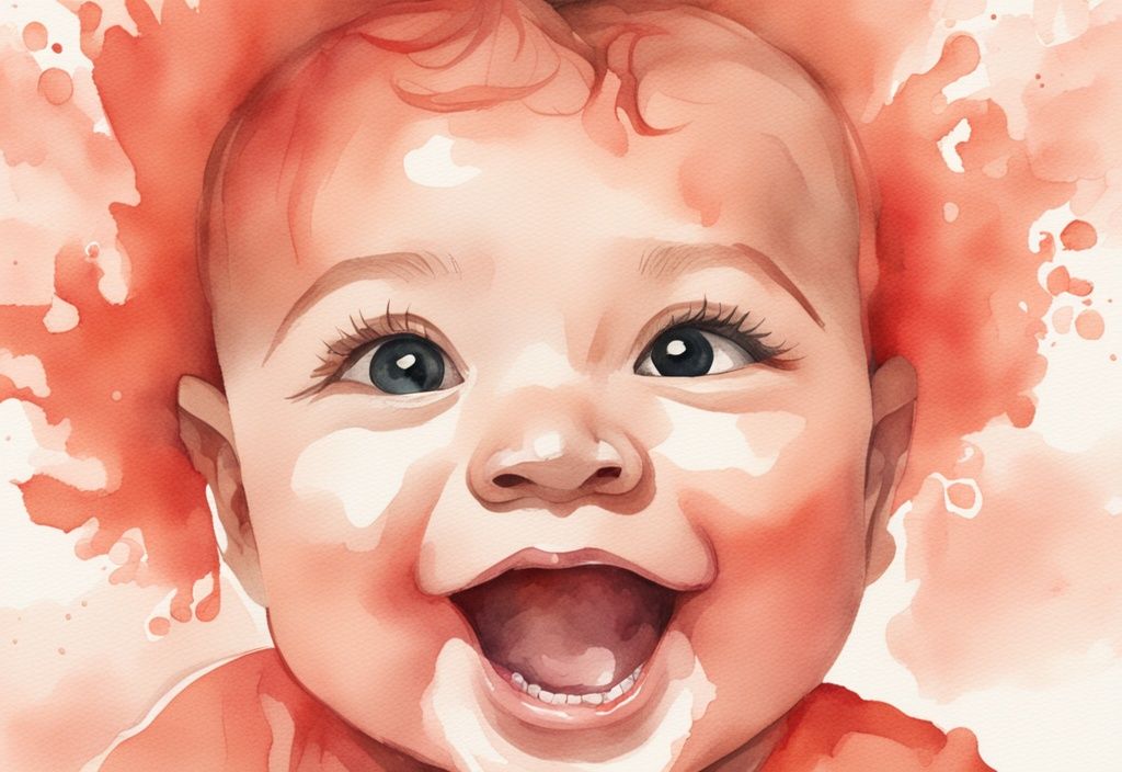 Modern watercolor illustration of a smiling baby with emerging teeth and noticeable gaps, related to how to tell if baby will have gap teeth.