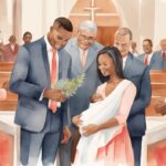 Modern watercolor illustration of a family in a church for a baby dedication ceremony, highlighting the theme of "what is a baby dedication" with coral colors.